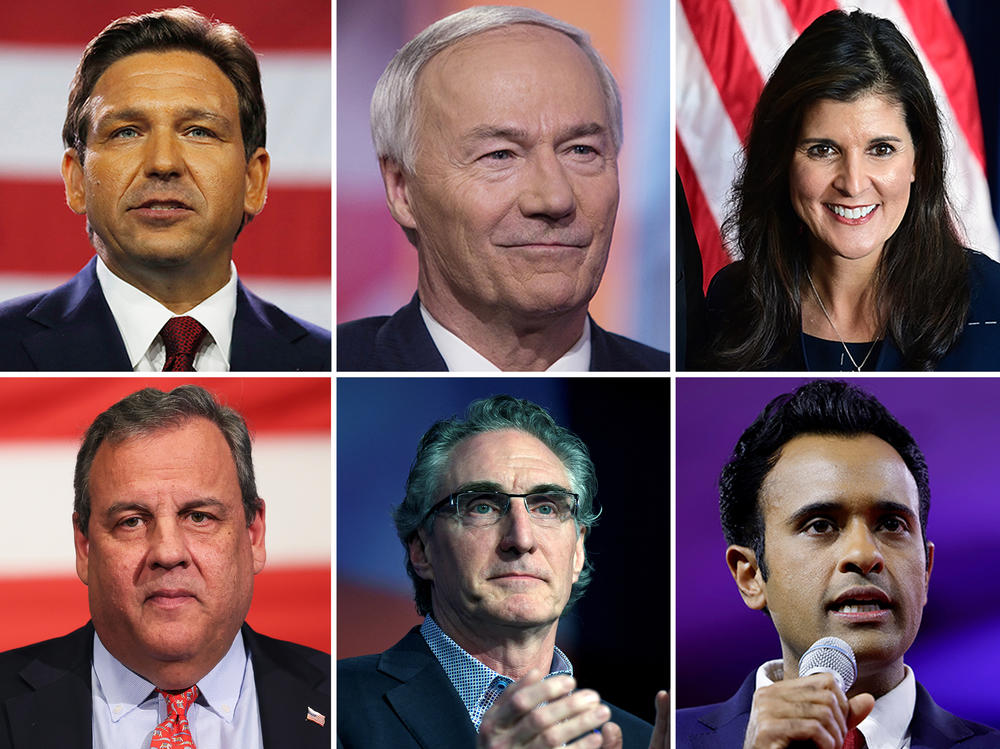 <strong>Clockwise:</strong> Tim Scott, Ron DeSantis, Asa Hutchinson, Nikki Haley, Vivek Ramaswamy, Doug Burgum, Chris Christie, Mike Pence