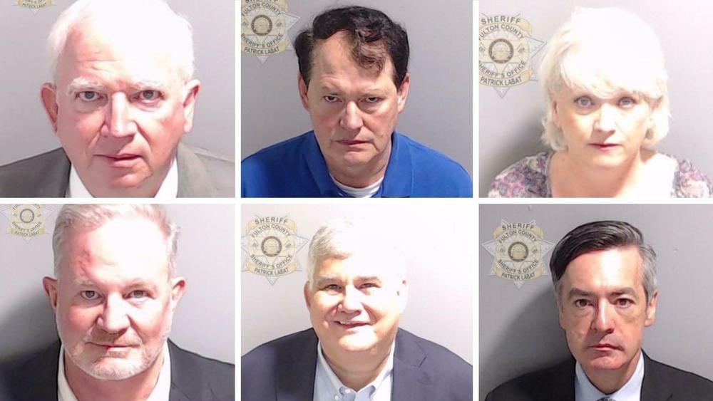 The Fulton County Sheriff's Office has released booking photos of defendants in the case. Pictured here, clockwise from top left: John Eastman, Ray Smith, Cathleen Latham, Kenneth Chesebro, David Shafer and Scott Hall.