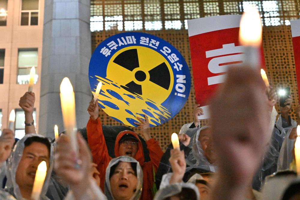 South Korea's main opposition Democratic Party members hold electric candles and a sign reading 