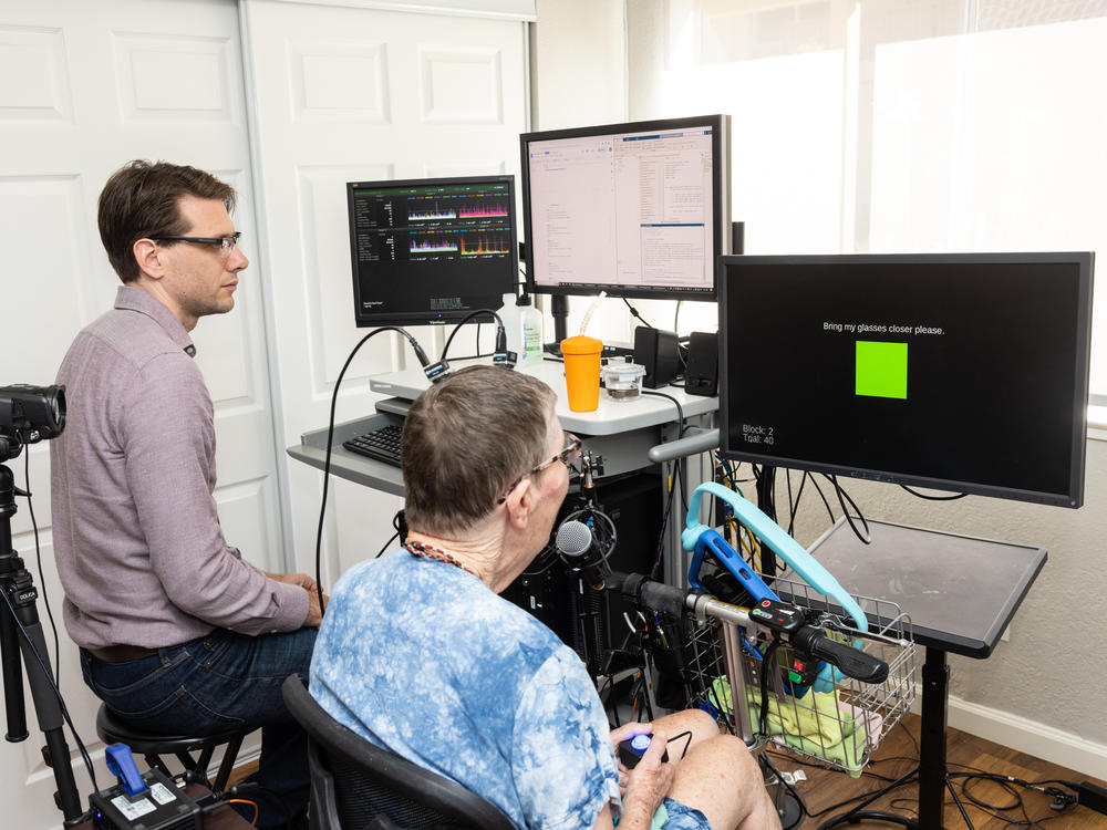 Pat Bennett takes part in a research session, using a brain-computer interface that helps translate her thoughts into speech.