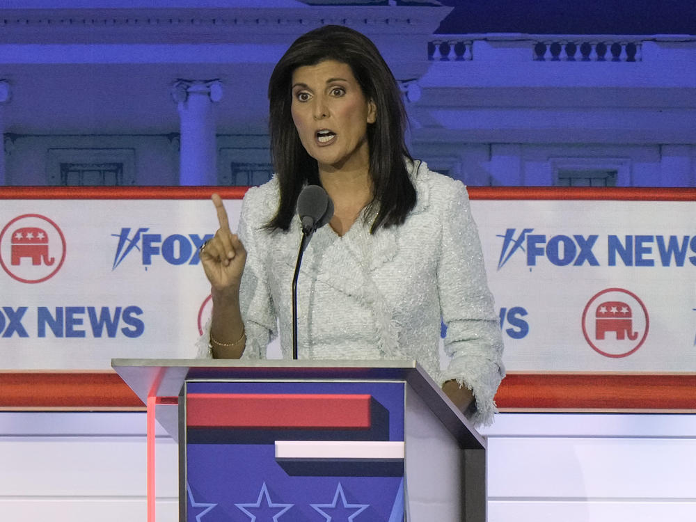 Former U.N. Ambassador Nikki Haley speaks during a Republican presidential primary debate hosted by Fox News Channel on Wednesday in Milwaukee.