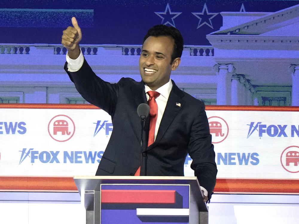 Businessman Vivek Ramaswamy reacts after a Republican presidential primary debate hosted by Fox News Channel Wednesday in Milwaukee.