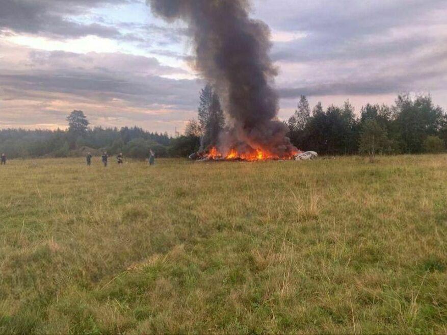 A view of the site after a jet crashed in Russia's northwestern Tver region on Aug. 23. Russian authorities say Wagner chief Yevgeny Prigozhin was among those on the flight manifest. Russian President Vladimir Putin expressed condolences to families of those killed in the crash. He noted Wagner members were reportedly on board and spoke warmly of his relationship with Prigozhin in the past tense.