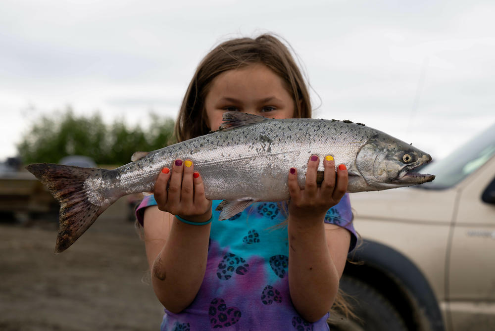 A student from the Akiachak School holds up a king salmon.