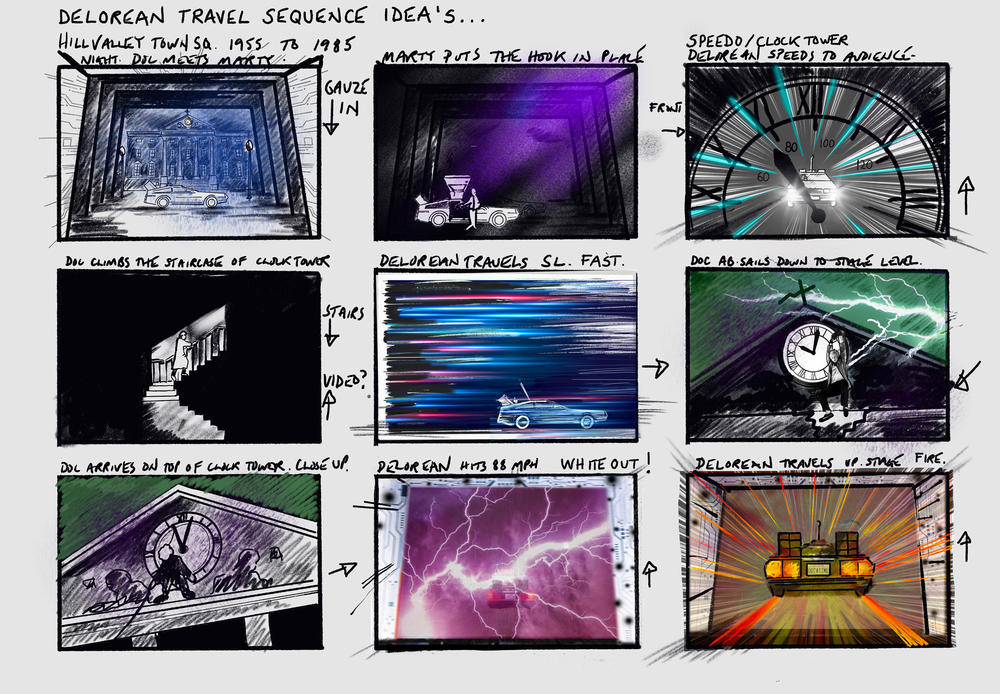 Designer Tim Hatley's sketches show his ideas for what the stage could look like as the car zooms toward 88 mph in the finale.