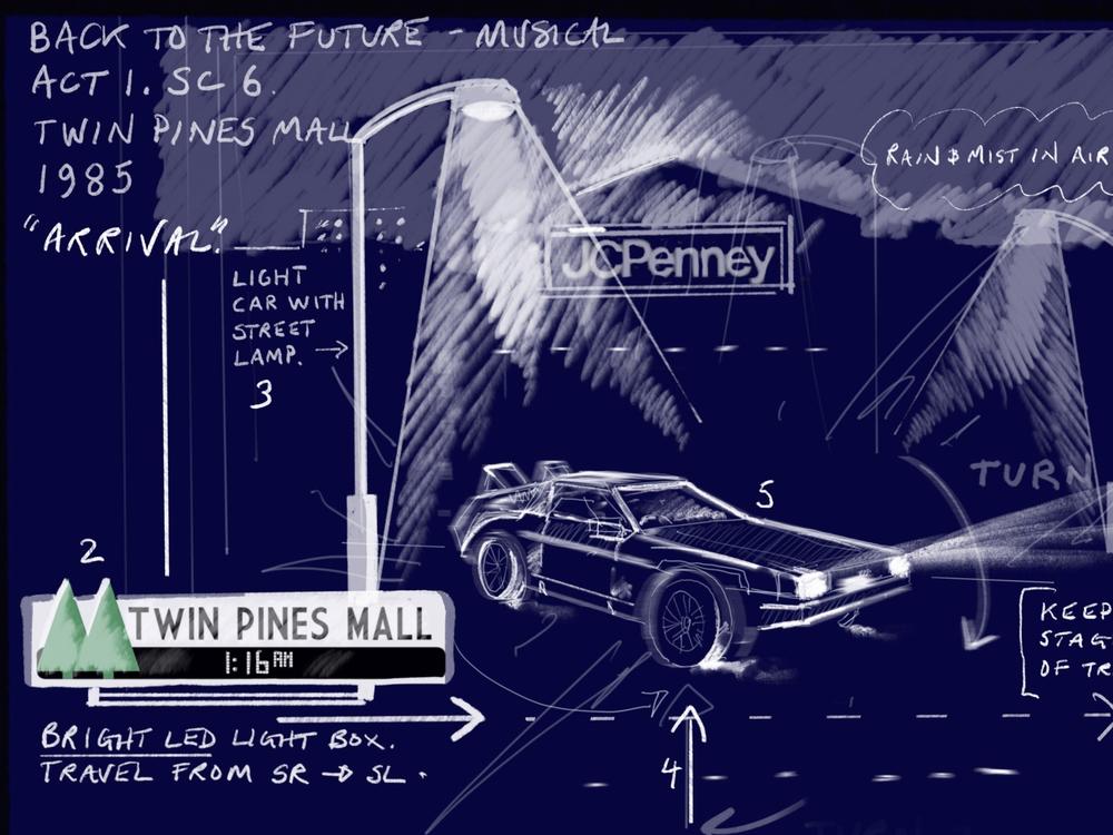 Tim Hatley's sketch shows the musical's DeLorean on stage.