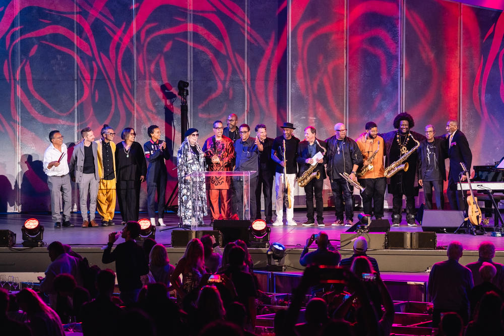 Joni Mitchell, who recently returned to performing after an extended hiatus, joins Hancock and the other performers onstage at Wednesday's Hollywood Bowl event.