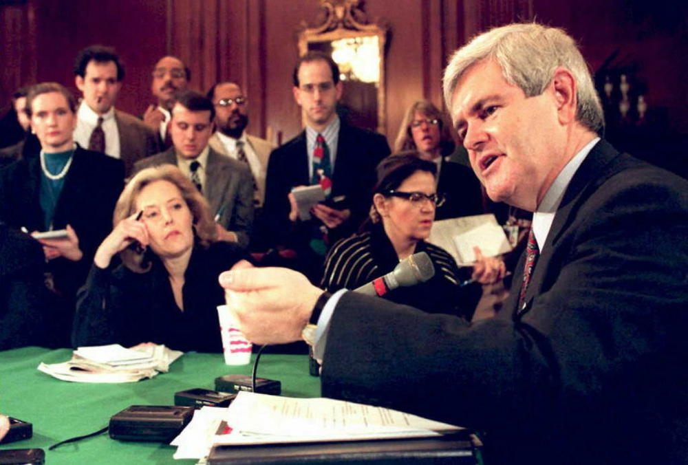 Then-House Speaker Newt Gingrich speaks to the press on Capitol Hill in March 1995 about the upcoming vote in the Senate on the Balanced Budget Amendment.