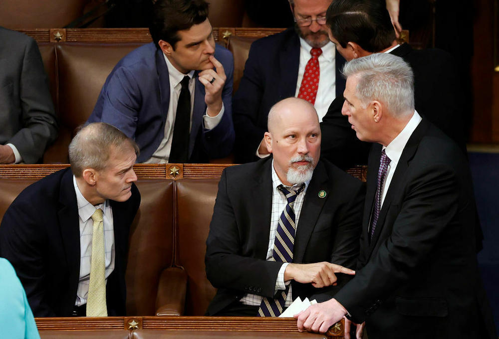 House Republican Leader Kevin McCarthy (right) talks to fellow Republicans then-Rep.-elect Chip Roy of Texas (center) and Rep.-elect Jim Jordan of Ohio in the House Chamber during the second day of elections for speaker of the House on Jan. 4.