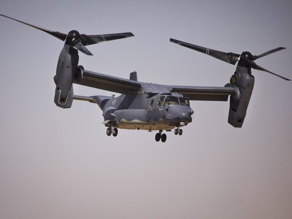 A Bell Boeing V-22 Osprey aircraft takes off after a rehearsal by special operations forces from Iraq, Jordan, and Lebanon as part of Eager Lion, a multinational military exercise in Zarqa, Jordan, on June 17, 2013.