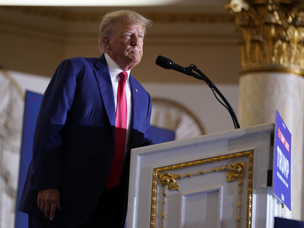 Former President Donald Trump speaks at his Mar-a-Lago estate on April 4, in Palm Beach, Fla.