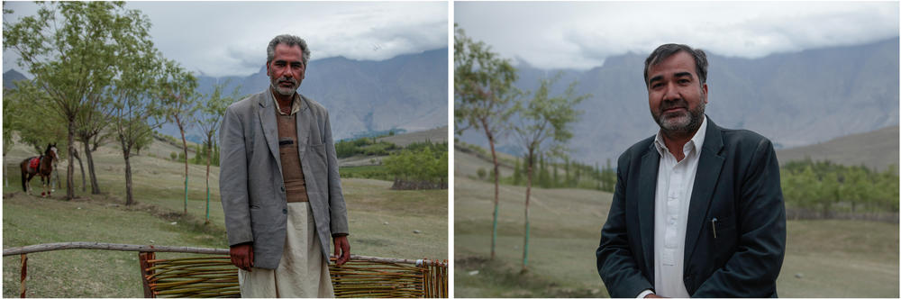 Villagers Mukhtar (left) and Saeed Baltistani are leading the revival of an ancient ritual: combining chunks of ice from what villagers consider to be a female glacier and a male glacier to create a new glacier baby.
