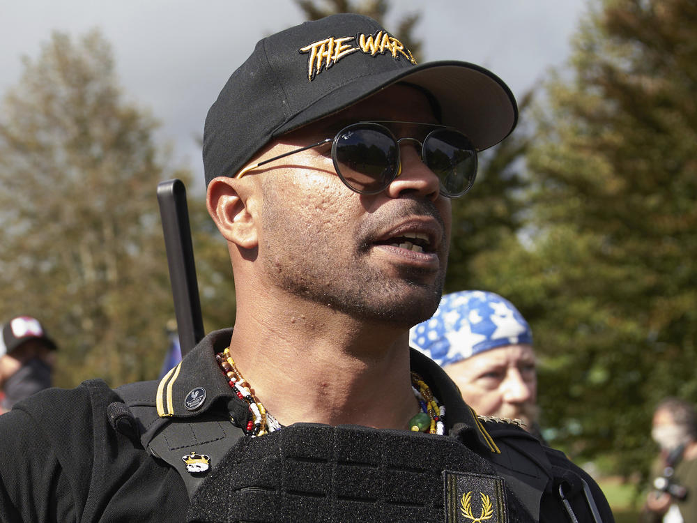 Proud Boys leader Enrique Tarrio speaks at a rally in Delta Park on Sept. 26, 2020, in Portland, Ore.