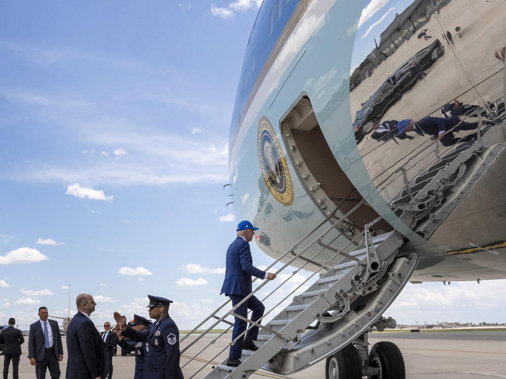 President Biden boards Air Force One at Peterson Air Force Base in Colorado Springs, Colo. on June 1, 2023, after attending the 2023 United States Air Force Academy Graduation Ceremony.