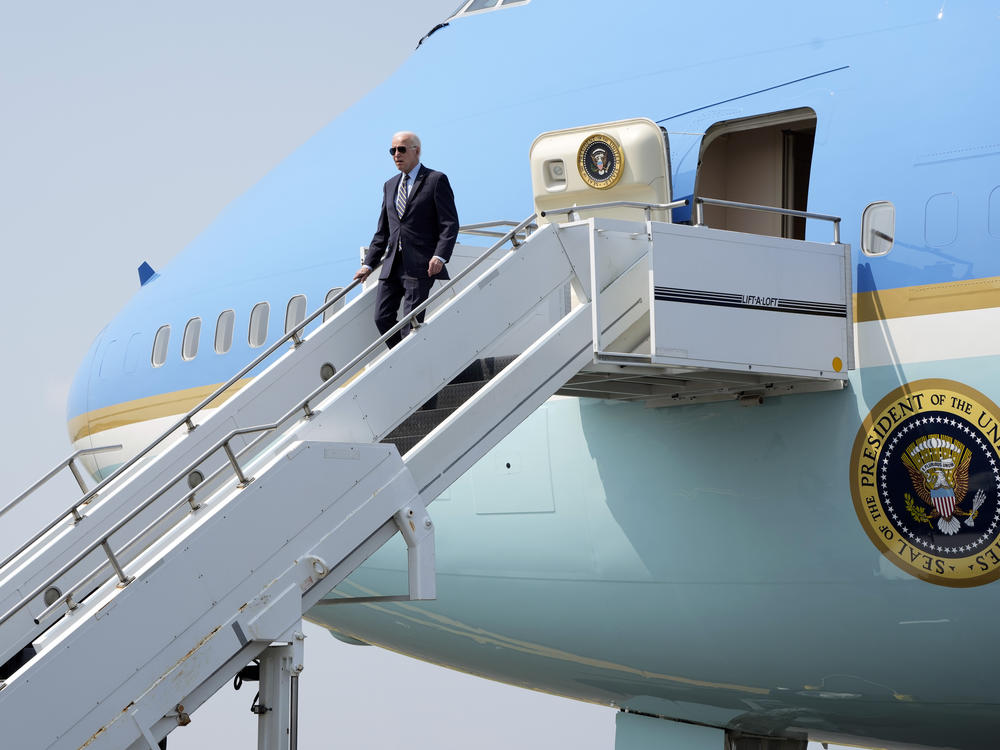 President Biden walks down the steps of Air Force One as he arrives in Philadelphia on June 17, 2023.