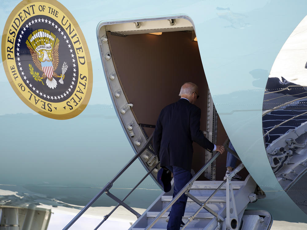 President Biden boards Air Force One using the short stairs on Aug. 26, 2023 after a vacation in Lake Tahoe, Nev.
