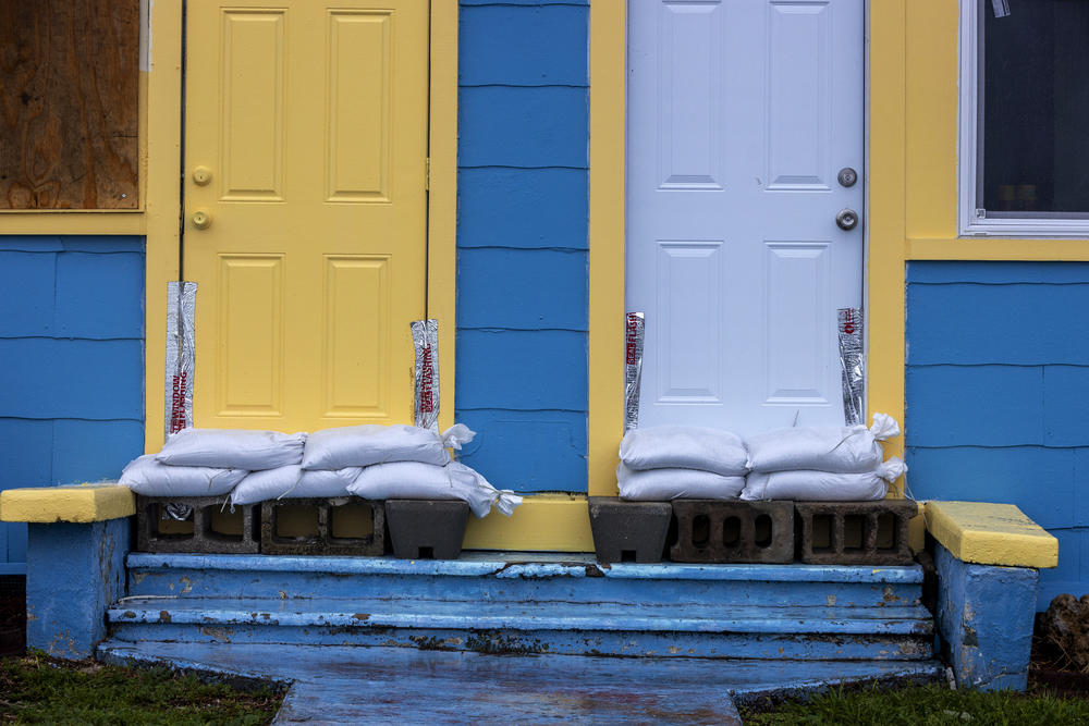 Sandbags in front of a house ahead of Hurricane Idalia in St Petersburg, Florida.