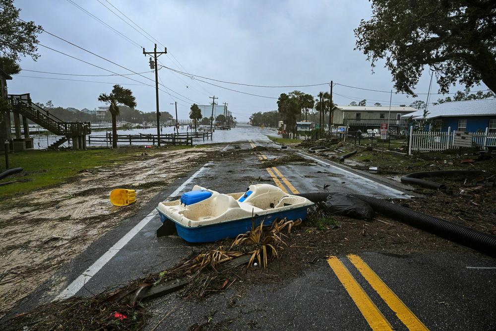 A flooded street is seen near the Steinhatchee marina in Steinhatchee, Florida on August 30, 2023, after Hurricane Idalia made landfall.