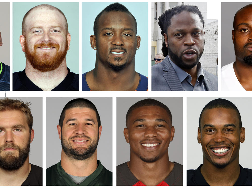 Nine of the 10 retired NFL players who have accused the league of lies, bad faith and flagrant violations of federal law in denying disability benefits in a potential class action lawsuit: From top left, Jay Alford, Daniel Loper, Willis McGahee, Mike McKenzie, Jamize Olawale; bottom row from left, Alex Parsons, Eric Smith, Charles Sims and Joey Thomas.