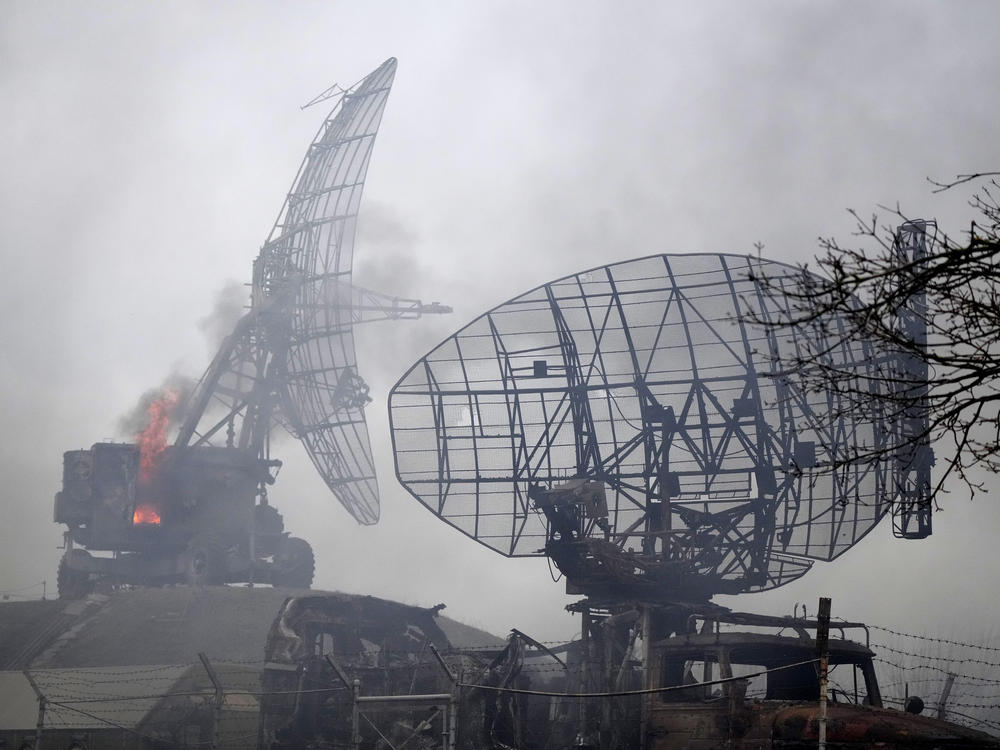 A view of damaged radar arrays and other equipment, at the Ukrainian military facility outside Mariupol, Ukraine, on Feb. 24, 2022.