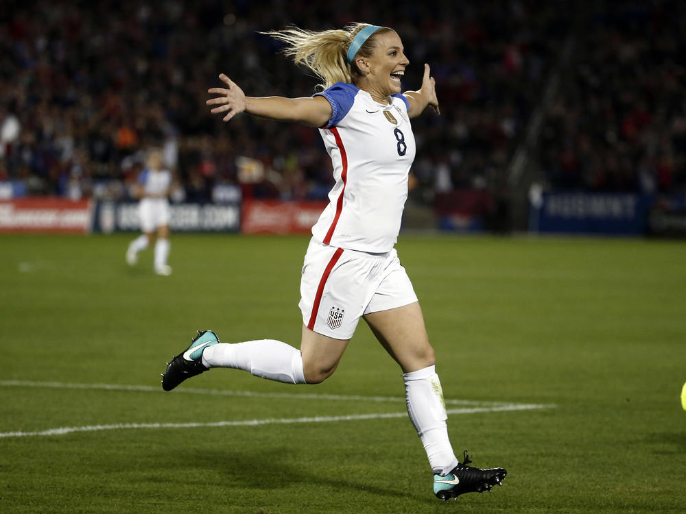 U.S. defender Julie Ertz celebrates after scoring a goal against New Zealand during the first half of an international friendly soccer match in Commerce City, Colo., on Sept. 15, 2017. The 2-time U.S. Soccer Player of the Year has retired from soccer after a 10-year career that included back to back Women's World Cup titles and two U.S. Soccer Female Player of the Year awards.