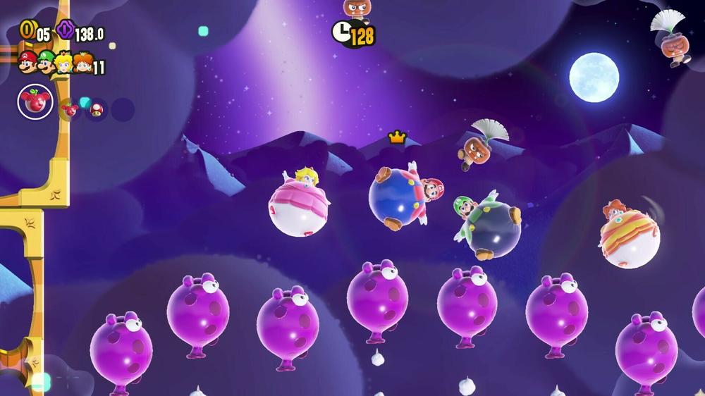 One of the rare timed segments in the game, where a Wonder Flower suddenly has you inflated like a balloon, flapping higher and higher.
