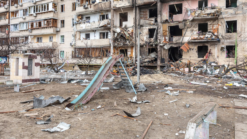 General view of a residential building after it was damaged following a Russian shelling attack as Russian forces continue their full-scale invasion of Ukraine since Feb. 24, 2022.