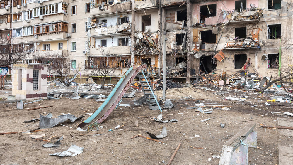General view of a residential building after it was damaged following a Russian shelling attack as Russian forces continue their full-scale invasion of Ukraine since Feb. 24, 2022.