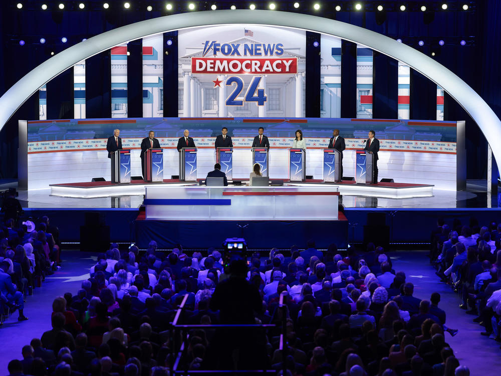 Republican presidential candidates participate in the first debate of the GOP primary season hosted by FOX News at the Fiserv Forum on August 23 in Milwaukee.