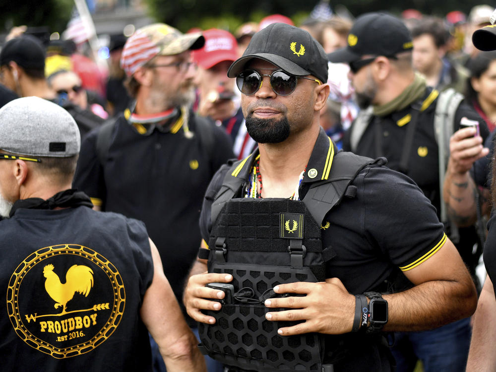 Proud Boys chairman Enrique Tarrio rallies in Portland, Ore., on Aug. 17, 2019.