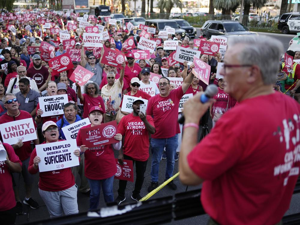 Culinary Union Secretary-Treasurer Ted Pappageorge speaks during a rally along the Las Vegas Strip in August. Pappageorge said the union is ready to strike over AI if necessary.