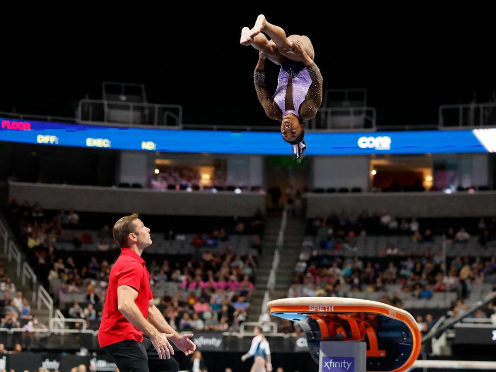 Simone Biles performs a Yurchenko double pike as she competes on the vault during day two of the U.S. Gymnastics Championships on Aug. 25. Biles won her eighth national title a full decade after her first.