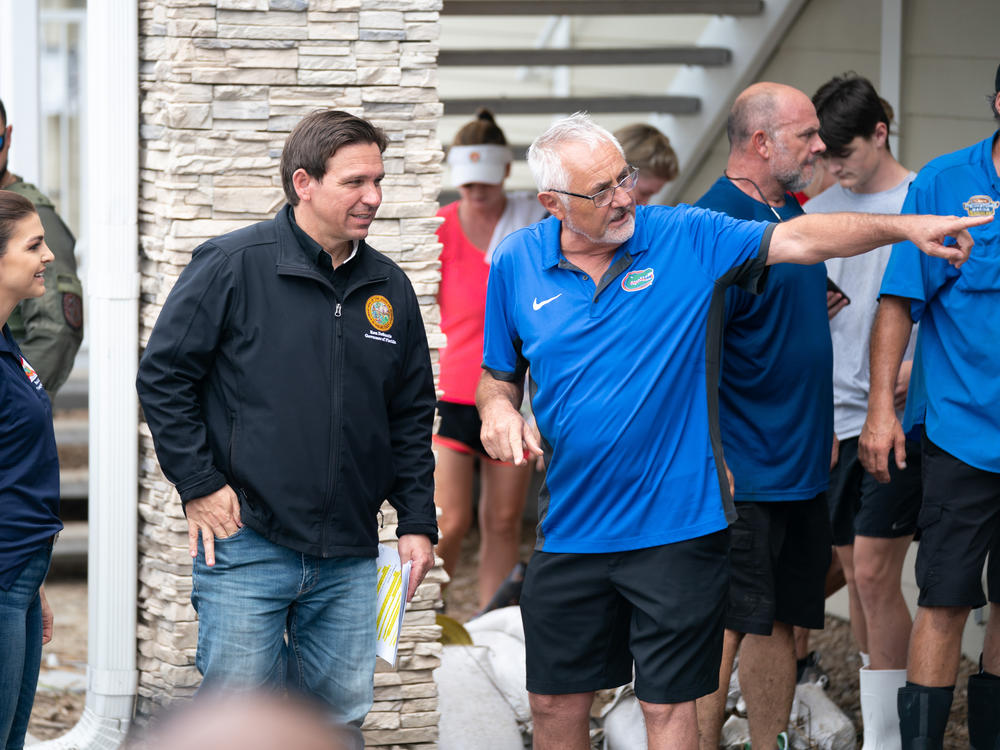 Gov. Ron DeSantis arrives for a press conference in the aftermath of Hurricane Idalia on Thursday in Steinhatchee, Fla.