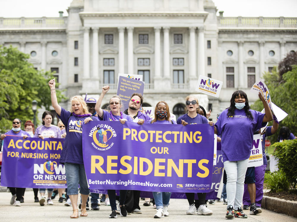 SEIU nursing home workers rally outside Pennsylvania's capitol in Harrisburg in 2022. The union is praising a proposed rule released Tuesday that would increase staffing levels.