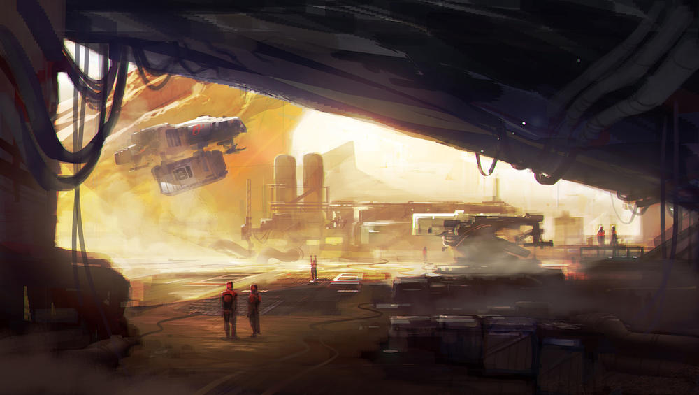 Concept art for Starfield shows ships hauling cargo from an active mining operation.