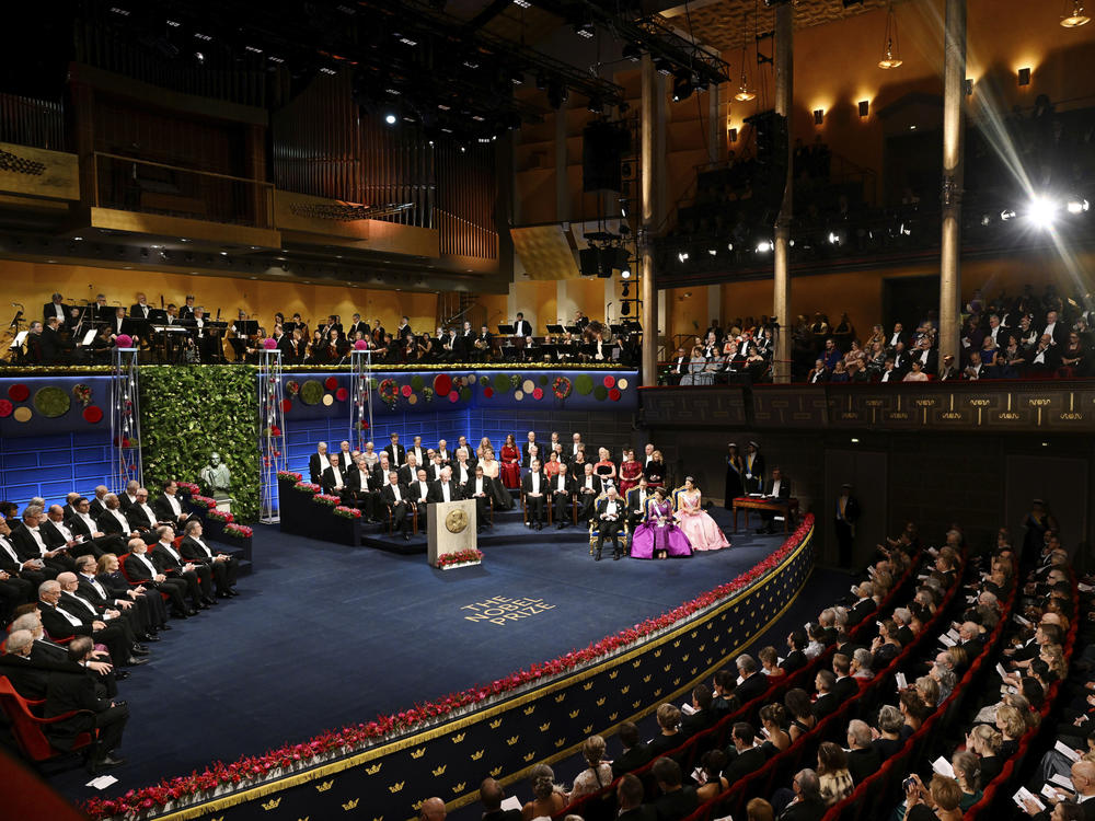 The Nobel laureates and the royal family of Sweden during the Nobel Prize award ceremony at the Concert Hall in Stockholm on Dec. 10 2022. The Nobel Foundation has withdrawn its invitation for representatives of Russia, Belarus and Iran to attend this year's award ceremonies.