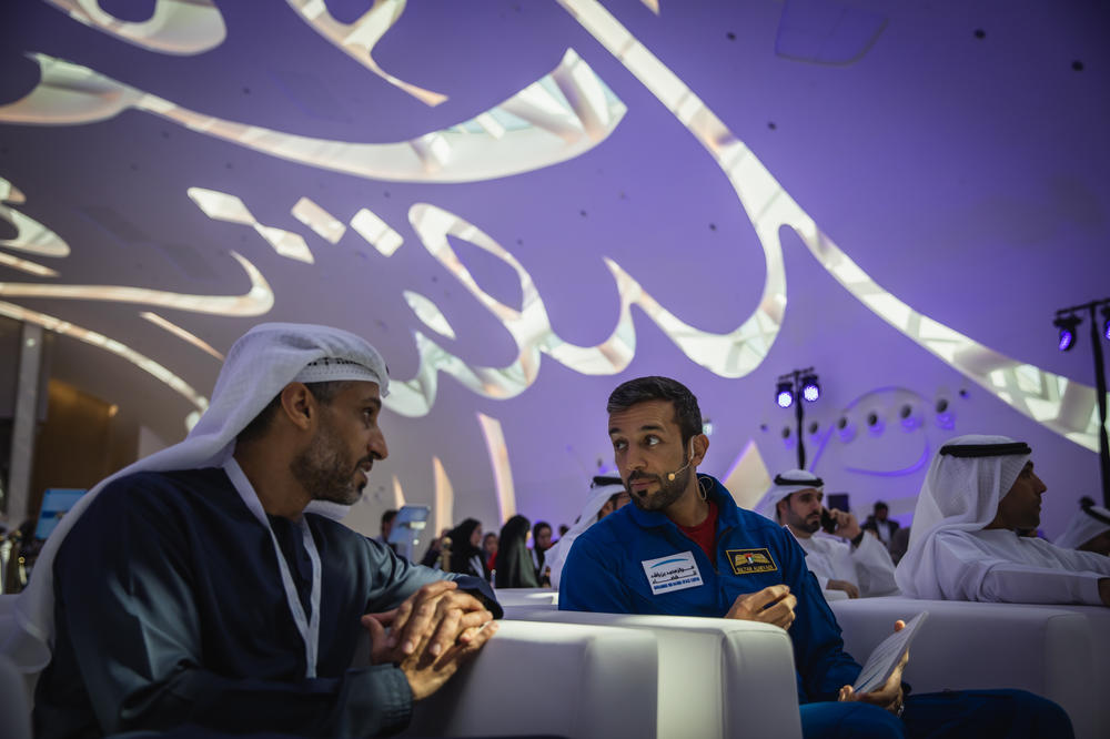 UAE astronaut Sultan Alneyadi (right) greets a guest at a press conference held by the Mohammed Bin Rashid Space Centre on Feb. 2, in Dubai, United Arab Emirates.