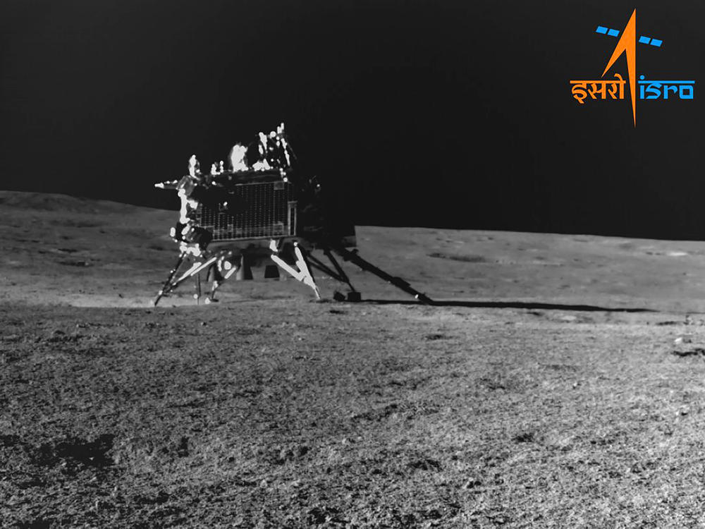 This image provided by the Indian Space Research Organisation (ISRO) shows Vikram lander as seen by the navigation camera on Pragyan Rover on Aug. 30, 2023.