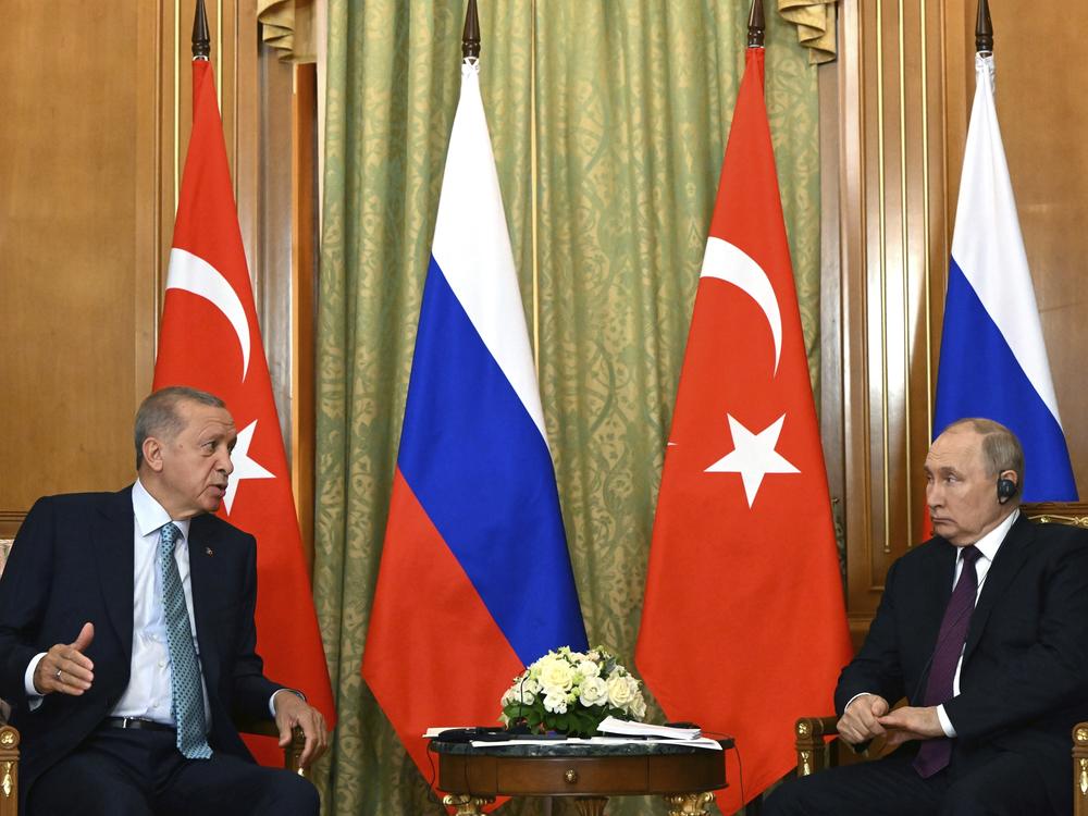 Russian President Vladimir Putin (right) listens to Turkish President Recep Tayyip Erdogan during their meeting at Russia's Black Sea resort of Sochi, Monday.