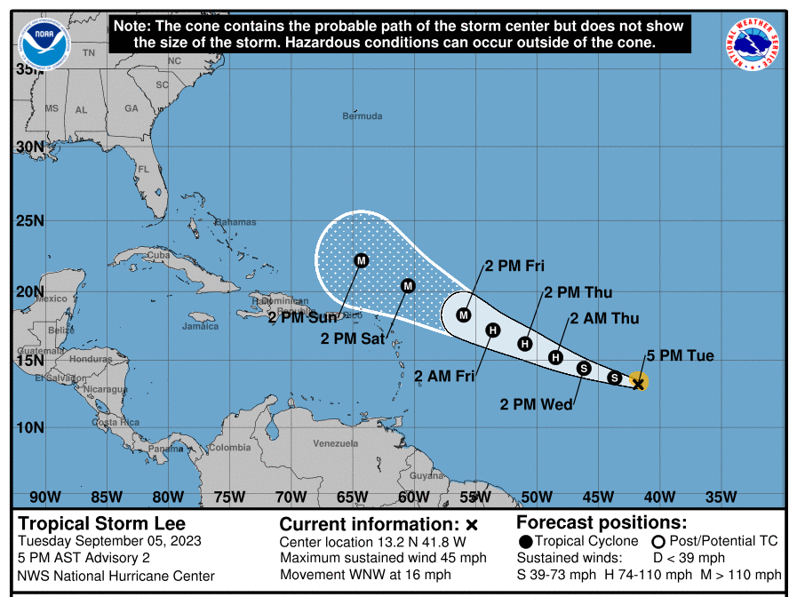 This National Hurricane Center graphic, produced at 4 p.m. ET on Tuesday, Sept. 5, 2023, shows the projected path and strengthening of Tropical Storm Lee as it moves across the Atlantic Ocean