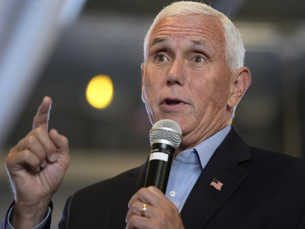 Republican presidential candidate former Vice President Mike Pence speaks at the Northside Conservatives Club Meeting, on Aug. 30 in Iowa.