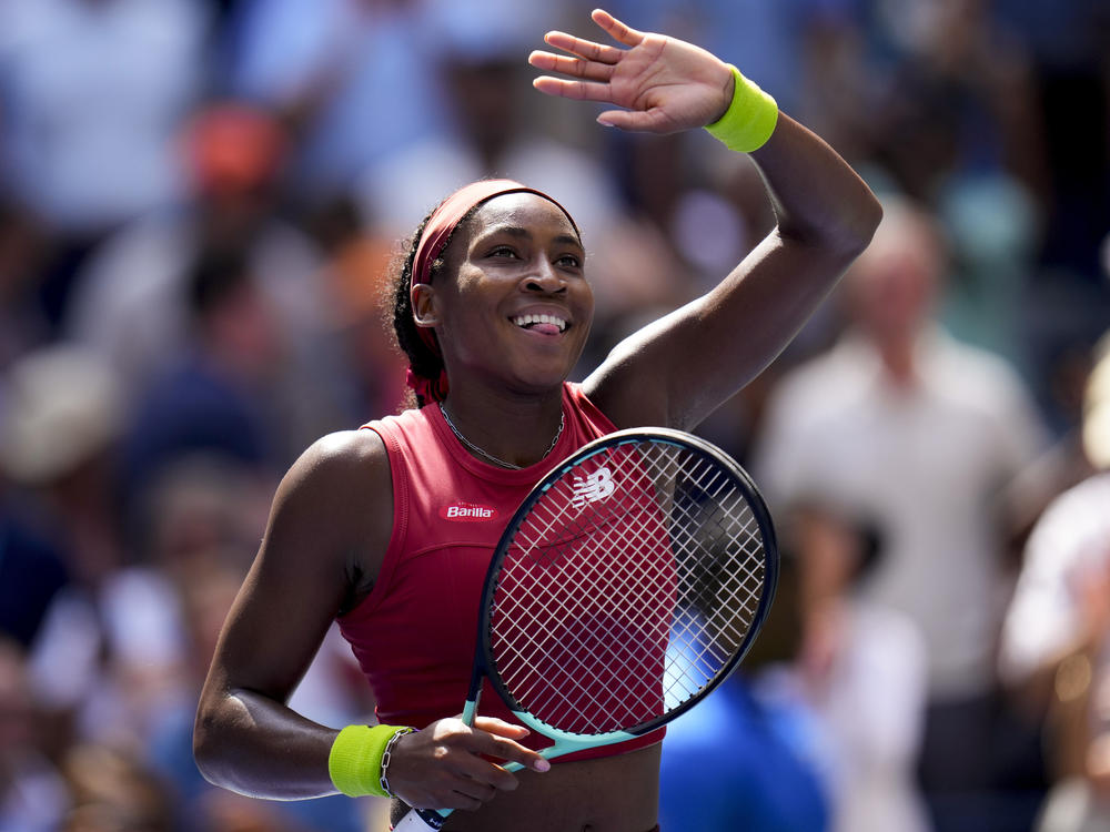 Coco Gauff, of the United States, reacts to the crowd after defeating Jelena Ostapenko, of Latvia, during the quarterfinals of the U.S. Open tennis championships, Tuesday, Sept. 5, 2023, in New York.