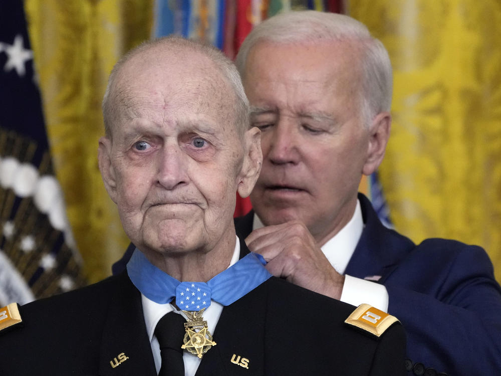 President Joe Biden awards the Medal of Honor to Capt. Larry Taylor, an Army pilot from the Vietnam War who risked his life to rescue a reconnaissance team that was about to be overrun by the enemy, during a ceremony Tuesday, Sept. 5, 2023, at the White House.