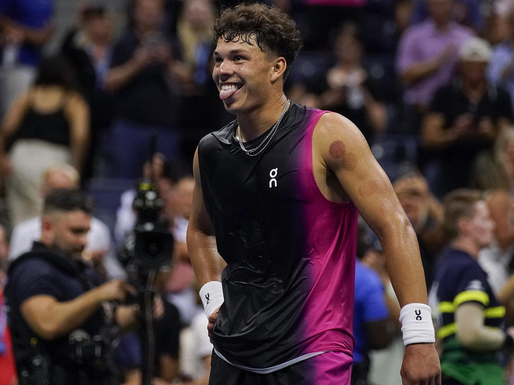 Ben Shelton, of the United States, reacts after defeating Frances Tiafoe, of the United States, during the quarterfinals of the U.S. Open tennis championships, Wednesday, Sept. 6, 2023, in New York.