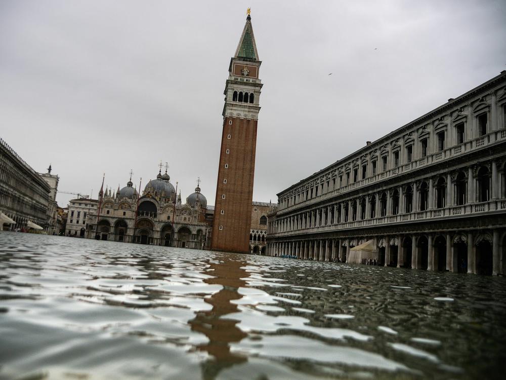 The flooded St. Mark's Square on Nov. 15, 2019, in Venice, two days after the city suffered a high tide.