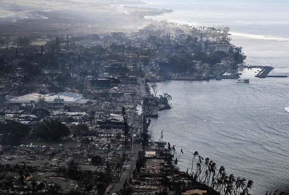 An aerial view shows destroyed homes and buildings in the aftermath of wildfires in western Maui in Lahaina, Hawaii, on Aug. 10, 2023.