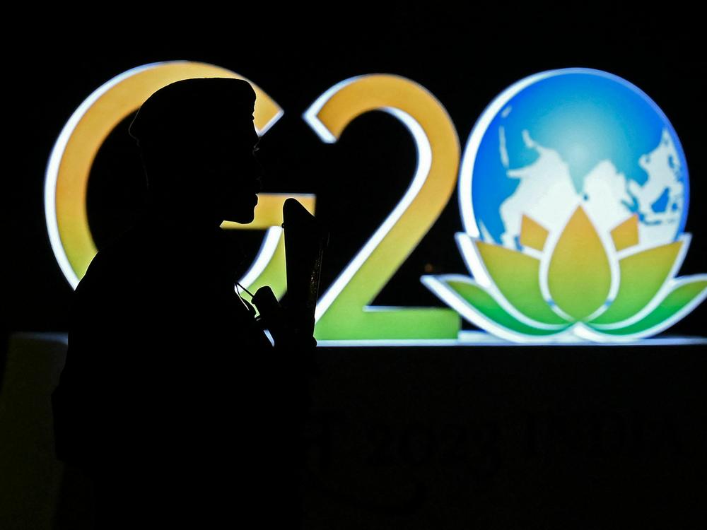 An armed security guard stands near a G20 logo in New Delhi on Sept. 6.
