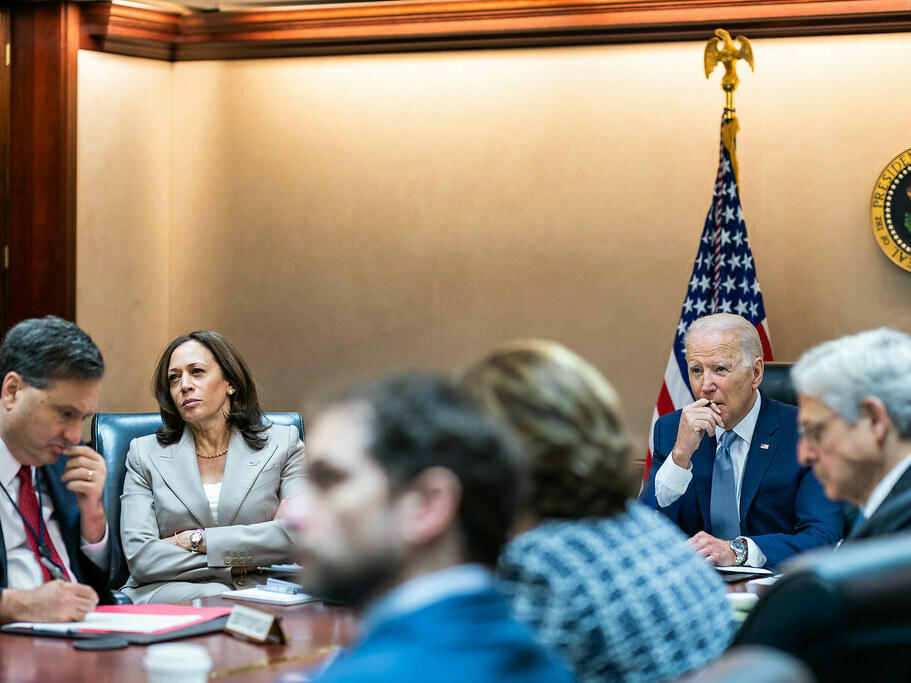 President Biden and Vice President Kamala Harris are briefed on efforts to counter ransomware on July 7, 2021, in the White House Situation Room.
