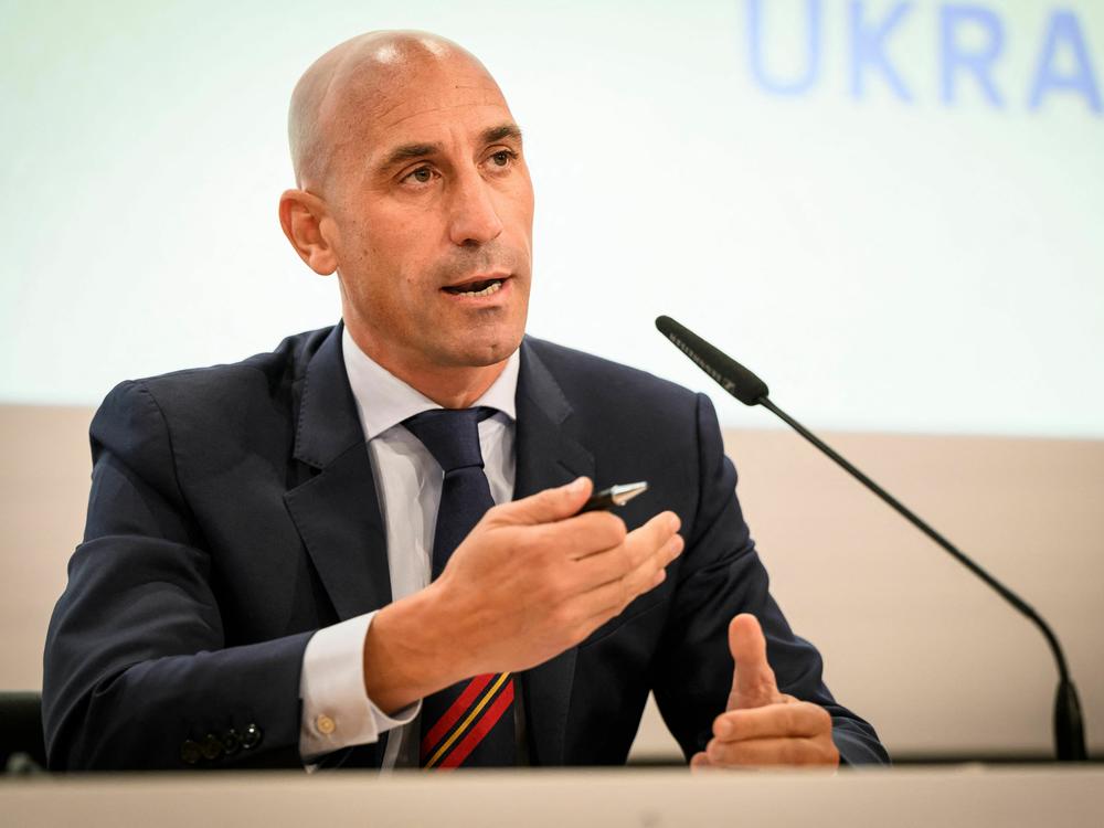 Spain soccer federation President Luis Rubiales speaks during a news conference in Nyon, Switzerland, on Oct. 5, 2022.