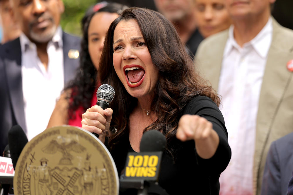 Drescher speaks during a SAG-AFTRA & WGA rally at City Hall Park on Aug. 1 in New York City.